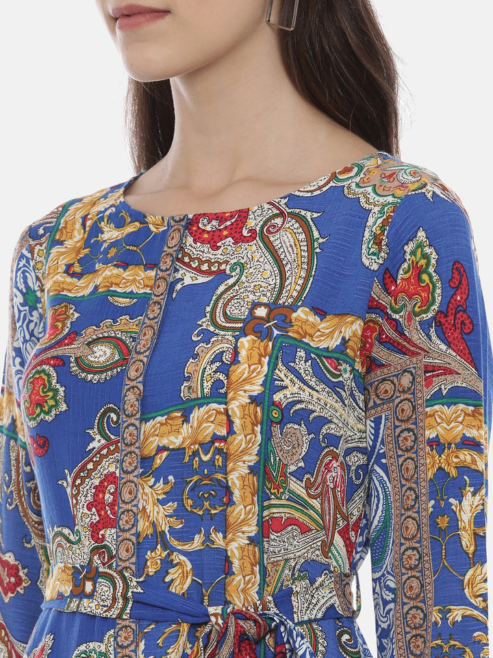 Neerus Blue Rayon Printed High-Low Kurta - back view
