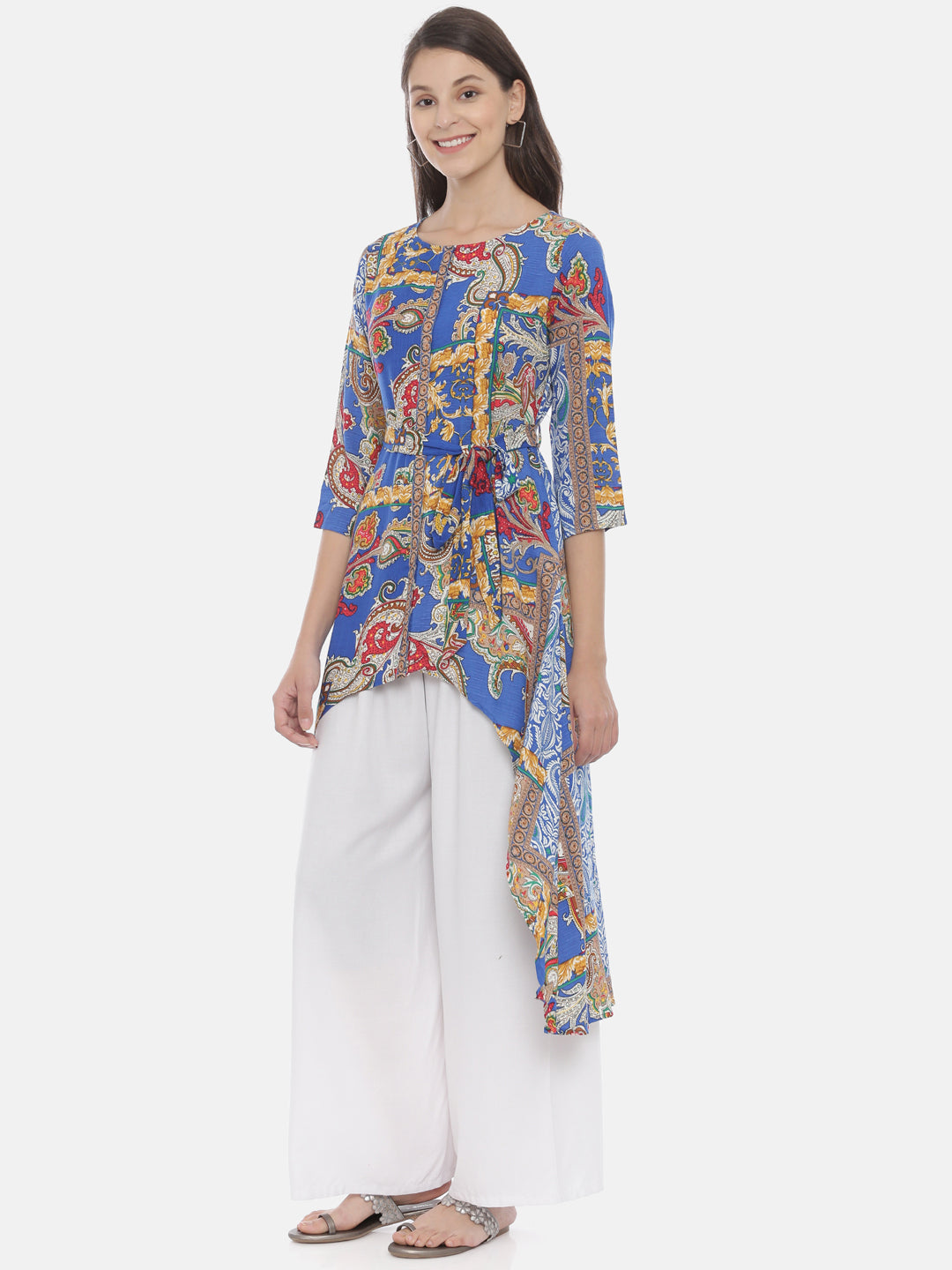 Neerus Blue Rayon Printed High-Low Kurta - side view