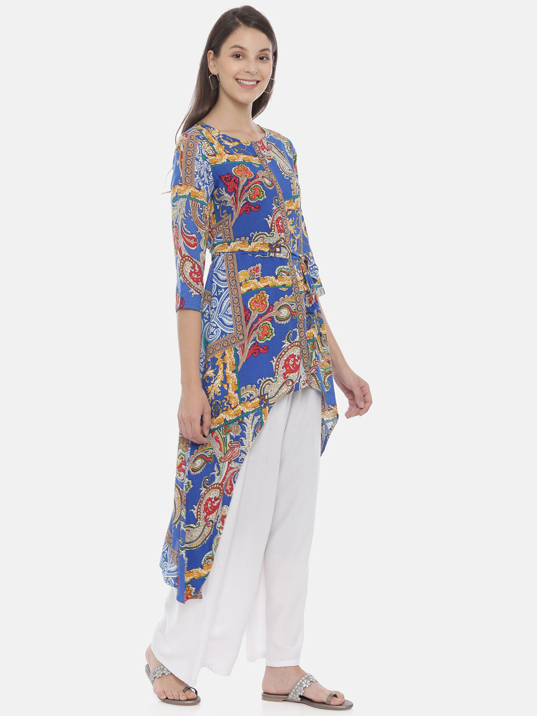 Neerus Blue Rayon Printed High-Low Kurta - detail view 1