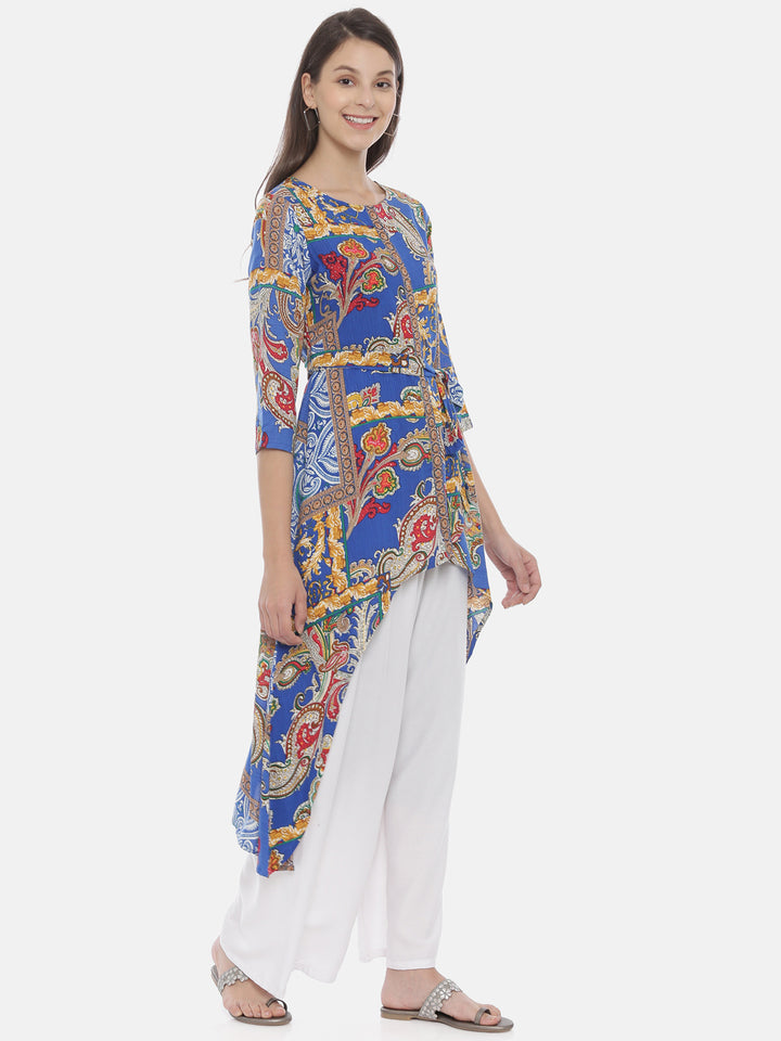 Neerus Blue Rayon Printed High-Low Kurta - detail view 1