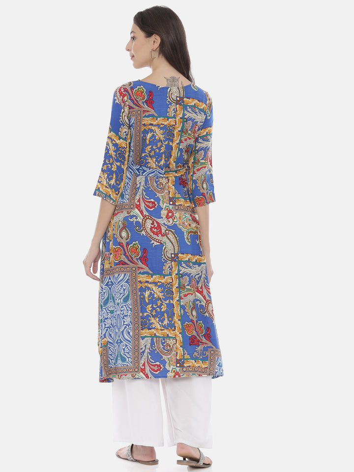 Neerus Blue Rayon Printed High-Low Kurta - detail view 2