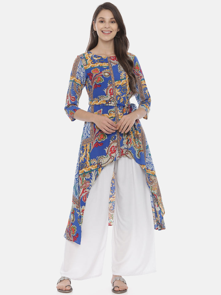 Neerus Blue Rayon Printed High-Low Kurta - detail view 3