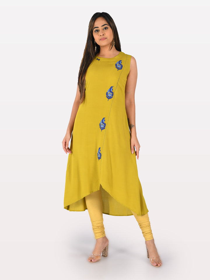 Neerus Yellow Embroidered High Low Kurta