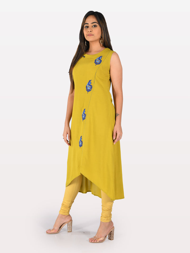 Neerus Yellow Embroidered High Low Kurta