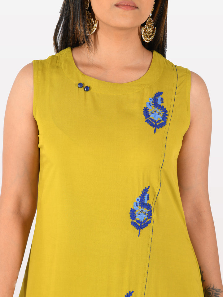 Neerus Yellow Embroidered High Low Kurta