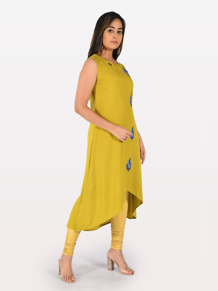 Neerus Yellow Embroidered High Low Kurta