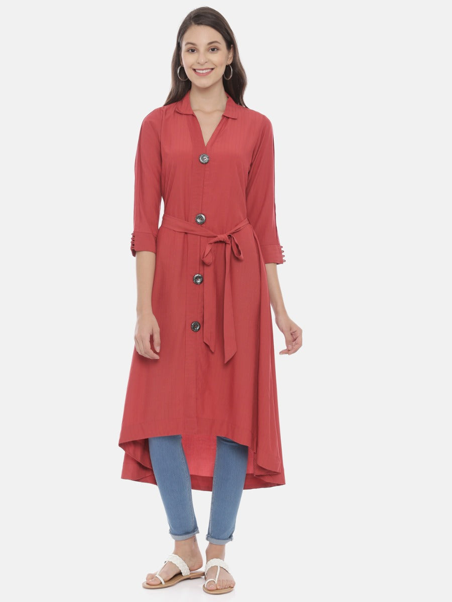 Neerus Red High Low Kurta