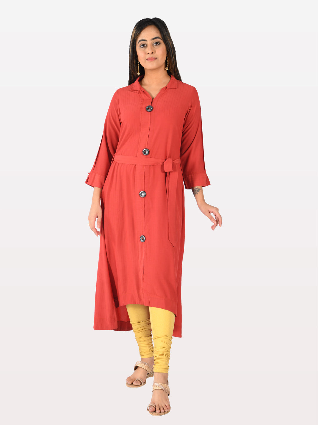 Neerus Red High Low Kurta