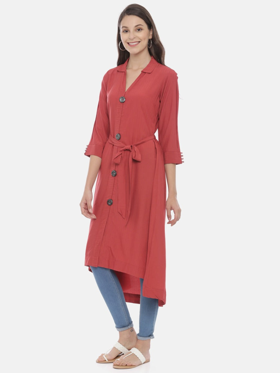 Neerus Red High Low Kurta