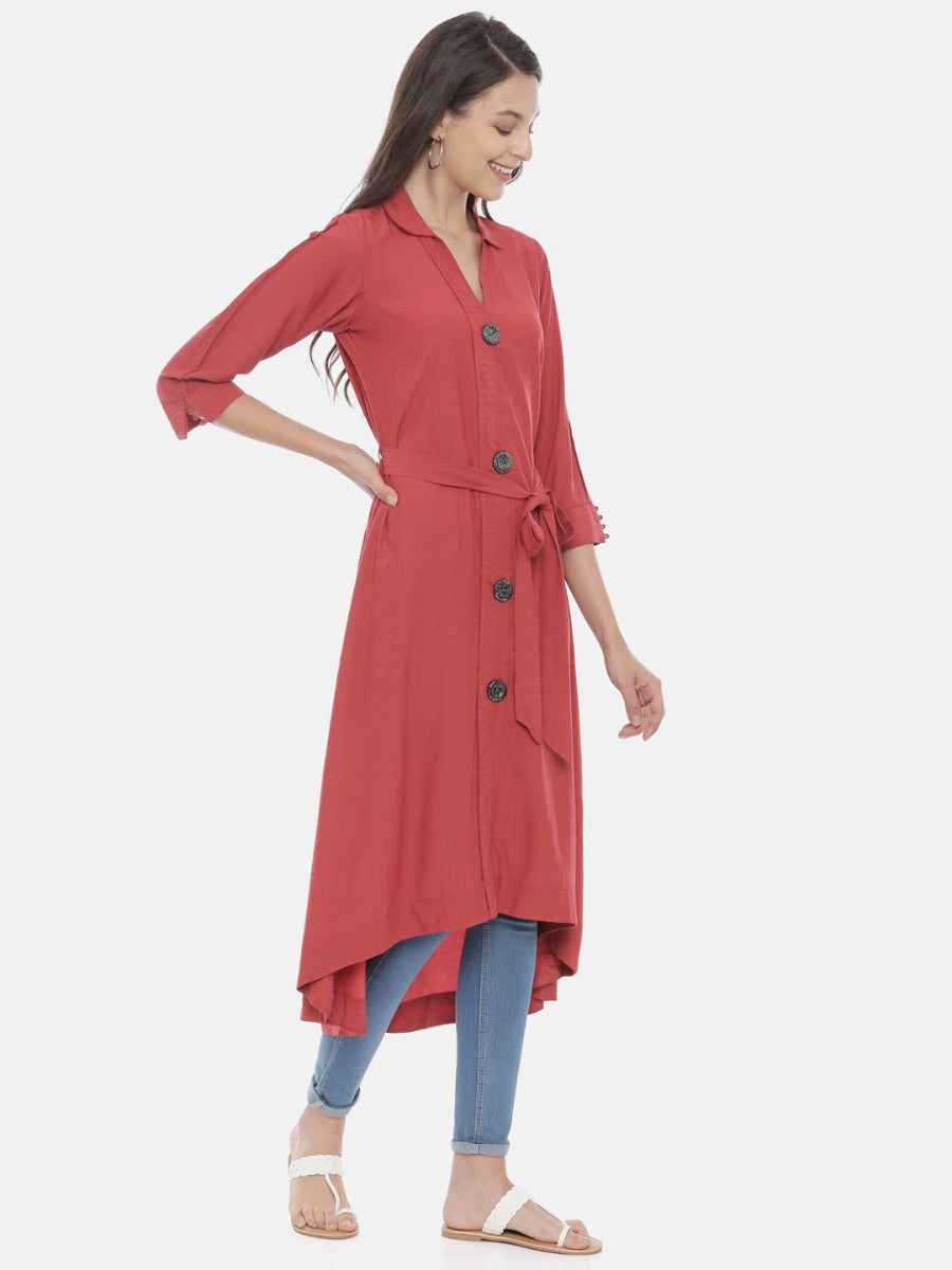 Neerus Red High Low Kurta