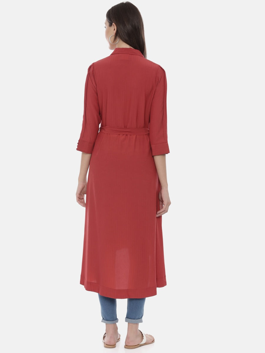 Neerus Red High Low Kurta