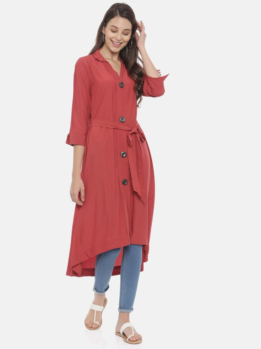 Neerus Red High Low Kurta