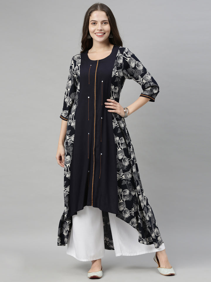 Neerus Navy Printed High Low Kurta