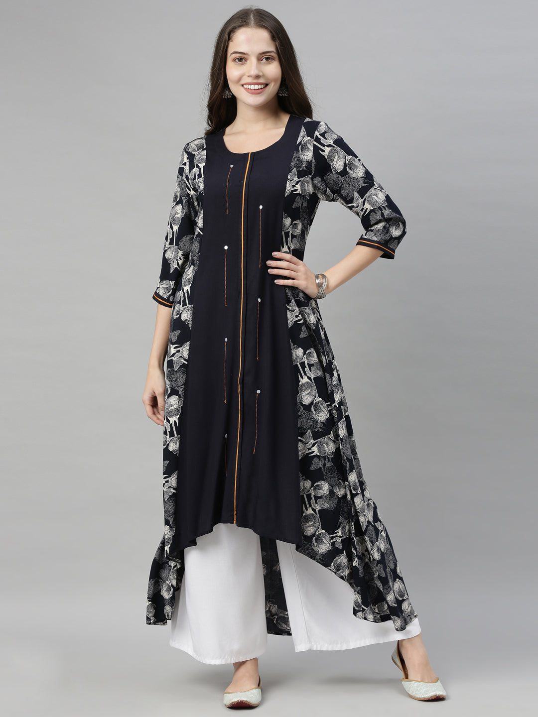 Neeru's Navy Printed High Low Kurta