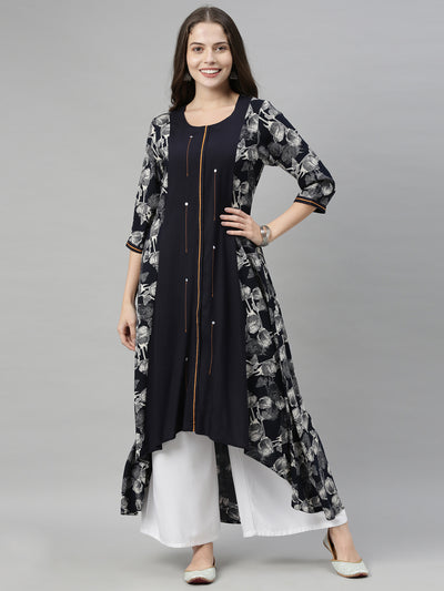 Neeru's Navy Printed High Low Kurta