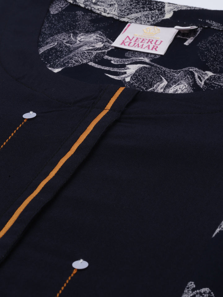 Neerus Navy Printed High Low Kurta