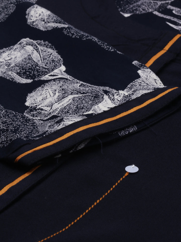 Neerus Navy Printed High Low Kurta