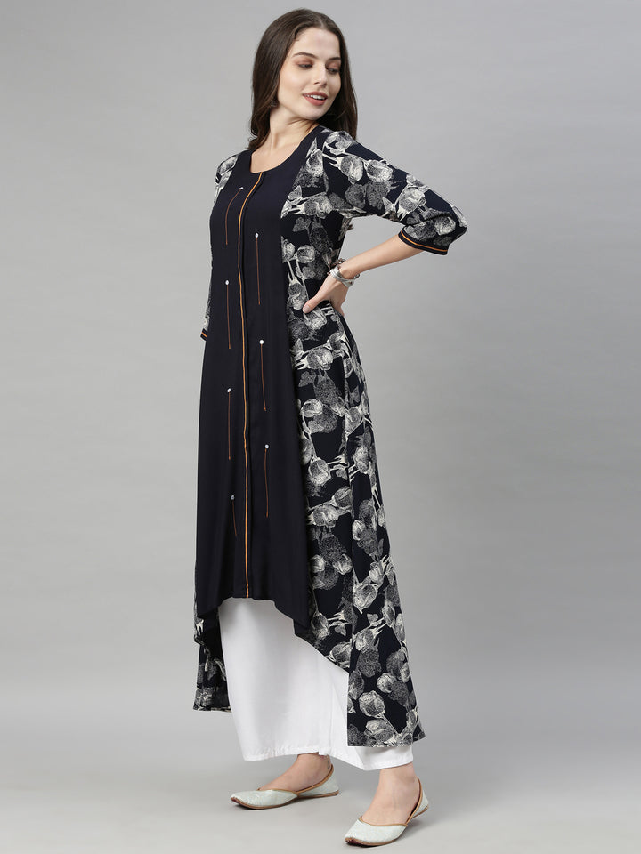 Neerus Navy Printed High Low Kurta
