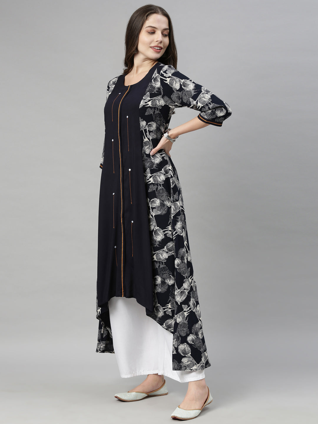 Neeru's Navy Printed High Low Kurta