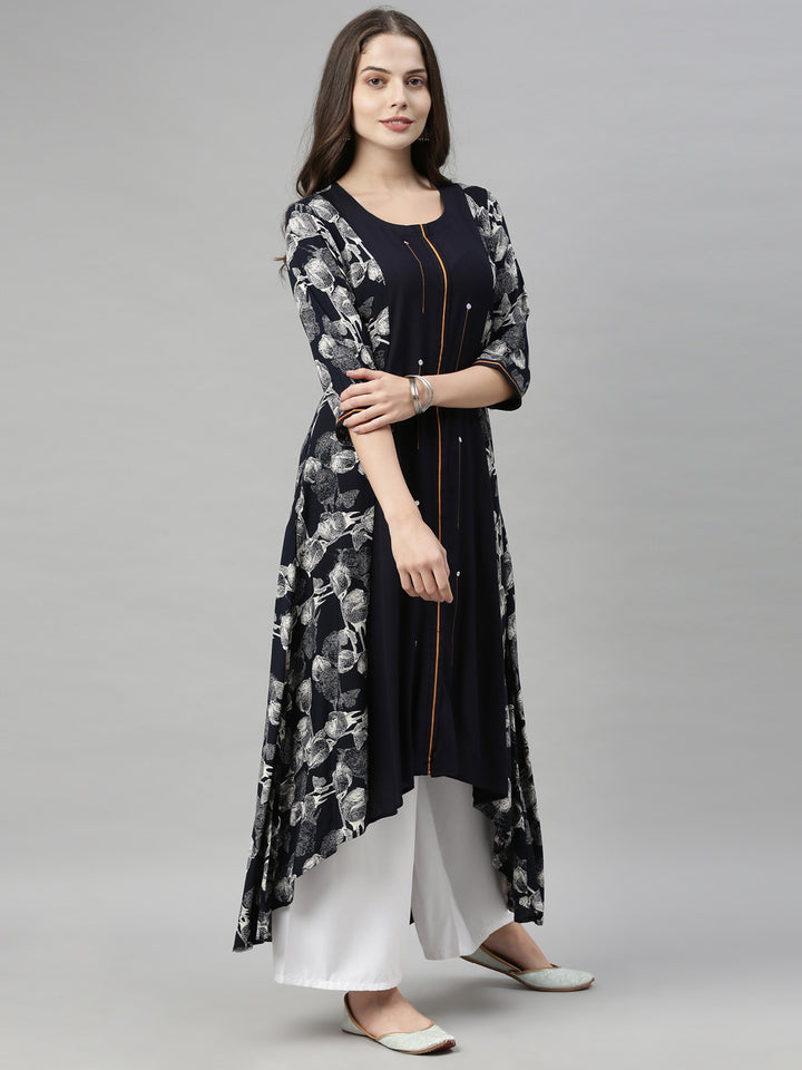 Neerus Navy Printed High Low Kurta