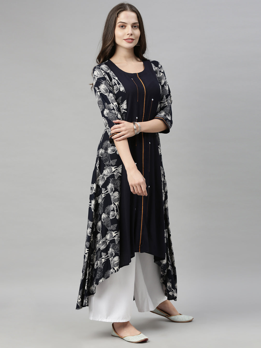 Neeru's Navy Printed High Low Kurta