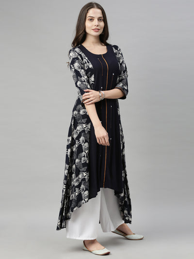 Neeru's Navy Printed High Low Kurta