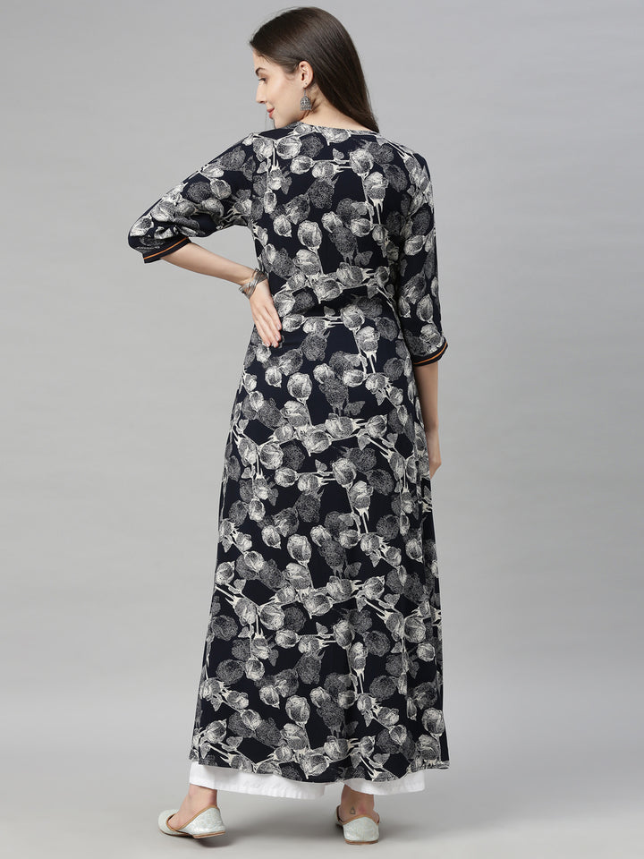Neerus Navy Printed High Low Kurta