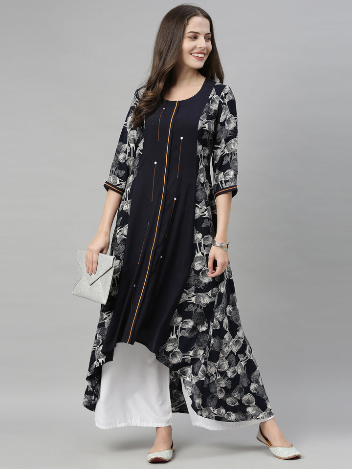Neerus Navy Printed High Low Kurta