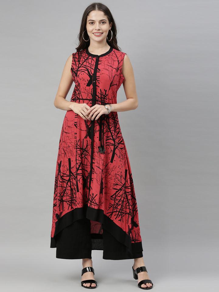Neerus Red viscose rayon solid kurti - front view