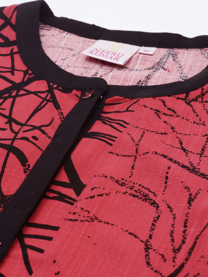 Neerus Red viscose rayon solid kurti - detail view 4