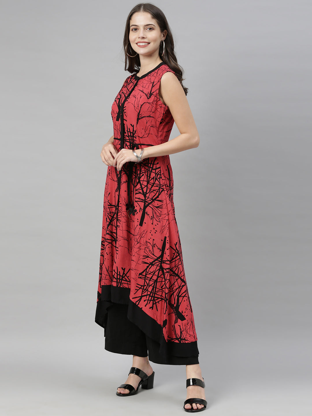 Neerus Red viscose rayon solid kurti - back view