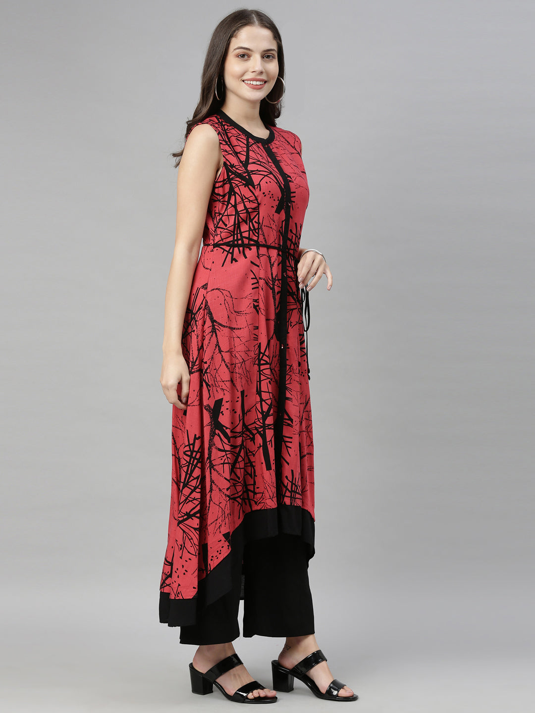Neeru's Tomato Color Slub Rayon Fabric Tunic