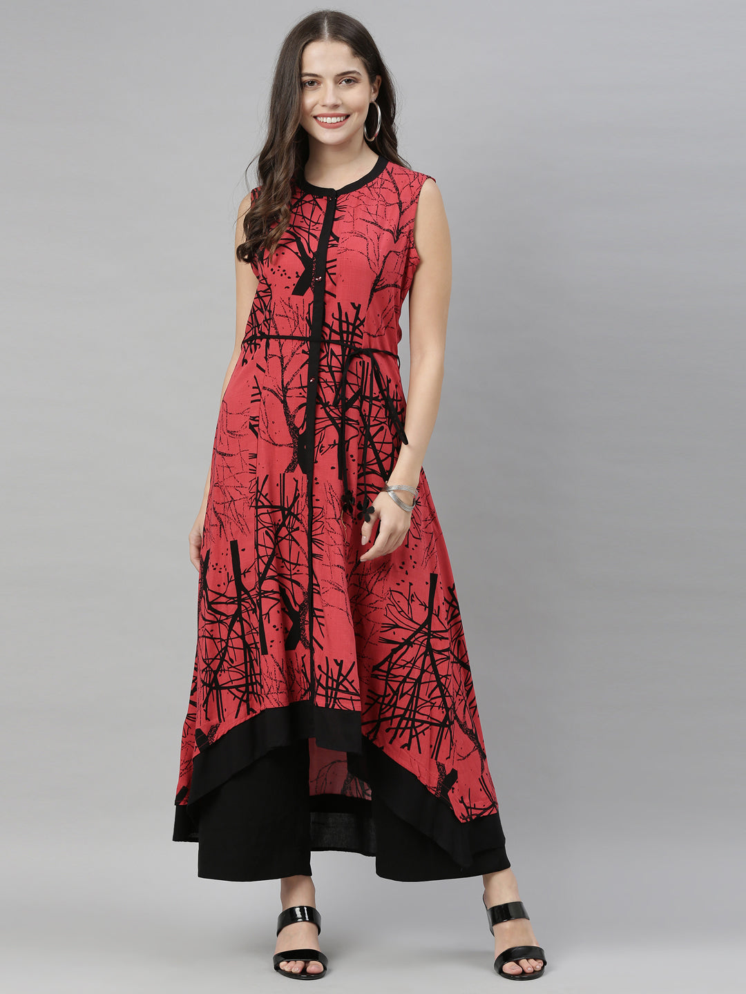 Neerus Red viscose rayon solid kurti - detail view 2