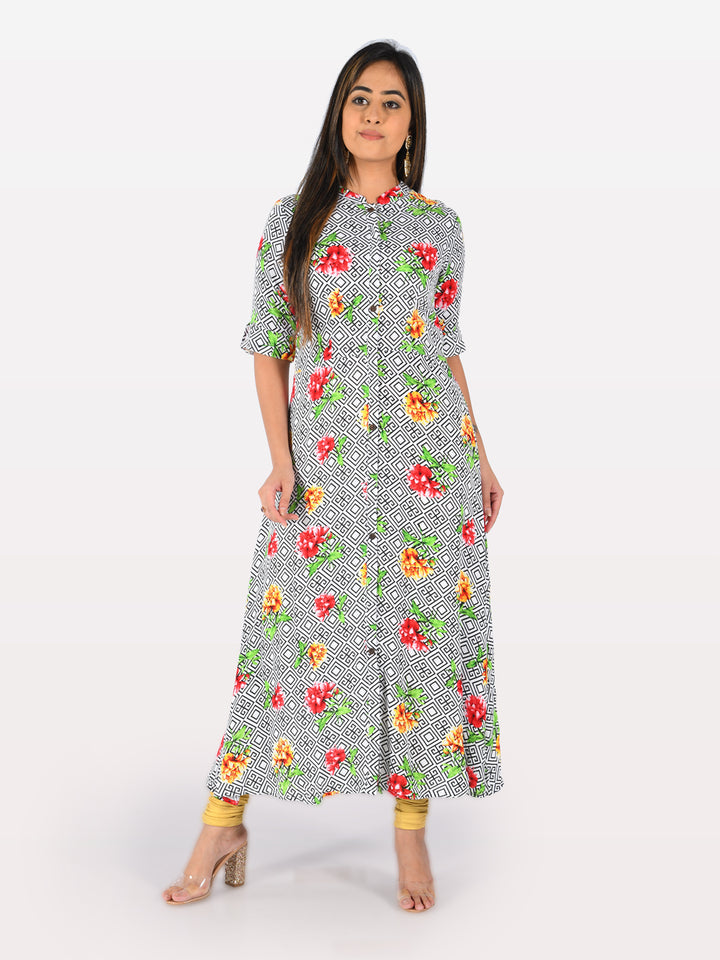 Neerus White Printed A Line Kurta