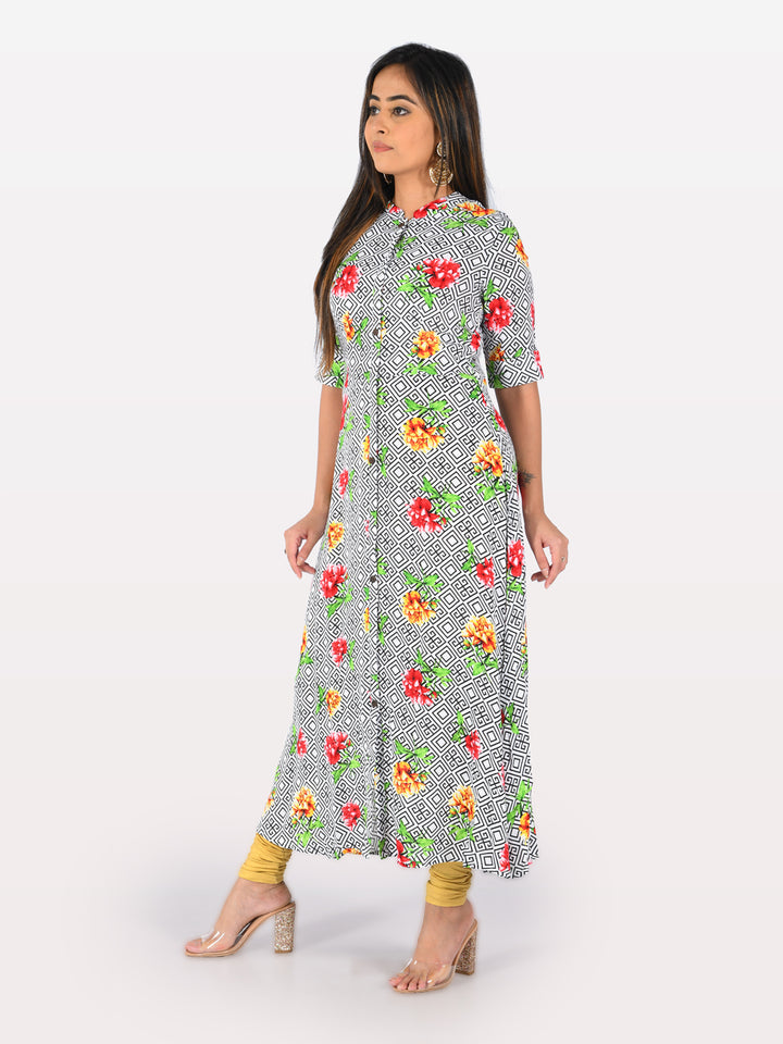Neerus White Printed A Line Kurta