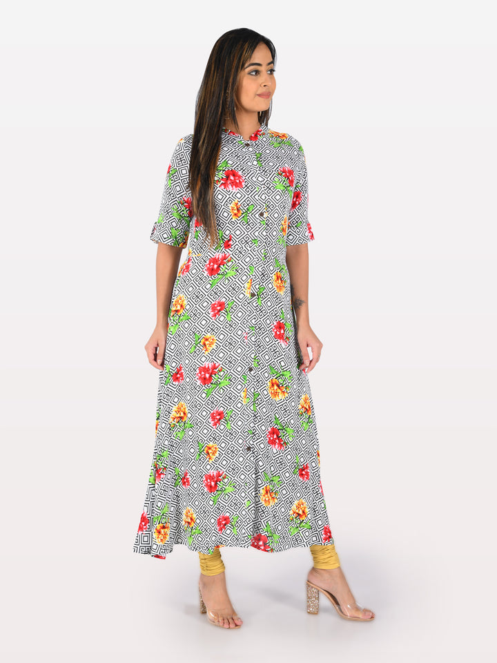Neerus White Printed A Line Kurta