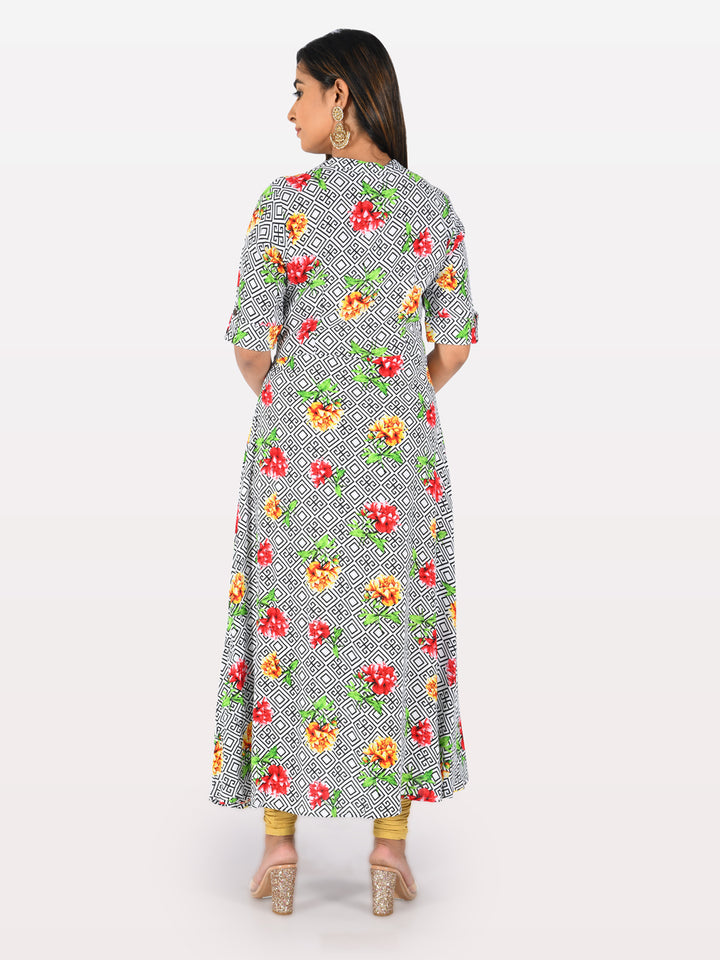 Neerus White Printed A Line Kurta