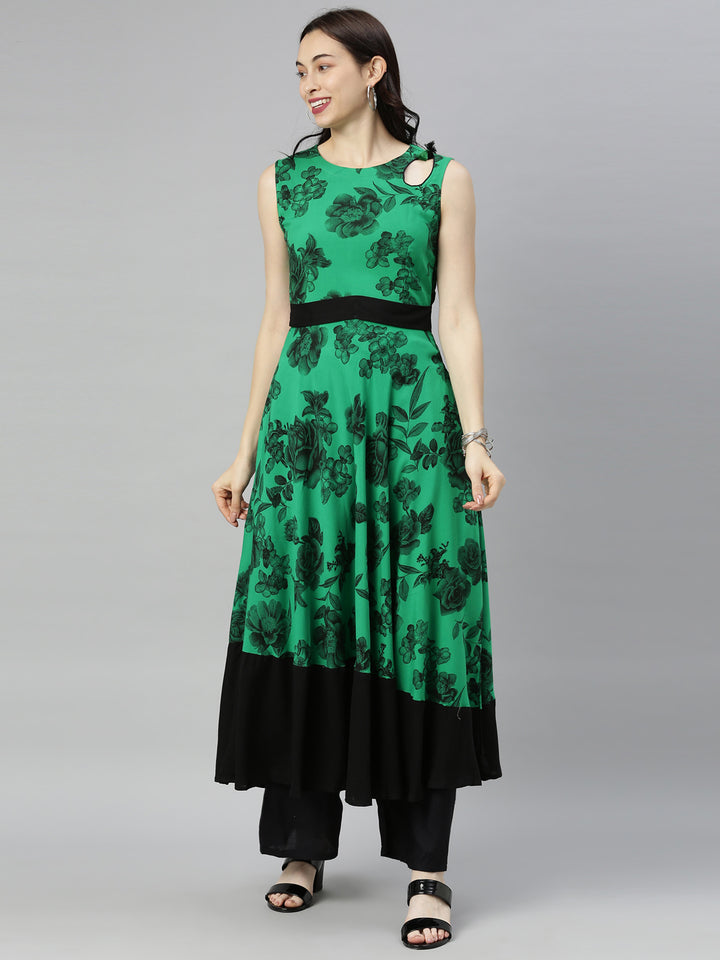 Neerus Green Printed Fit & Flare Kurta