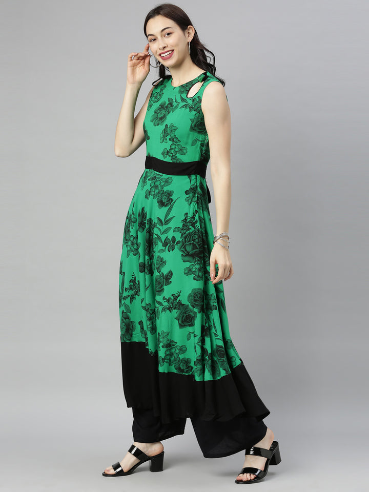 Neerus Green Printed Fit & Flare Kurta