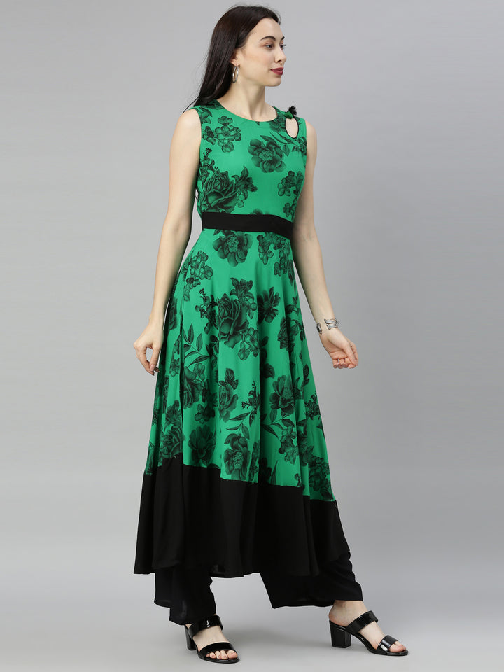 Neerus Green Printed Fit & Flare Kurta