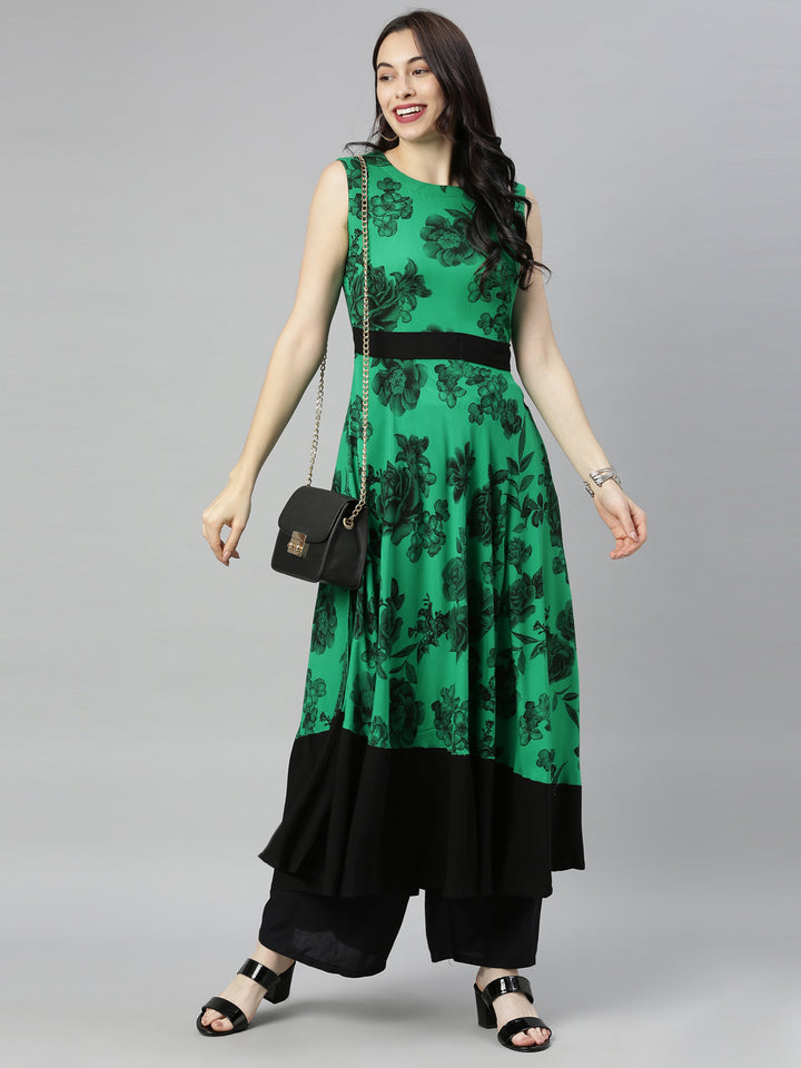 Neerus Green Printed Fit & Flare Kurta