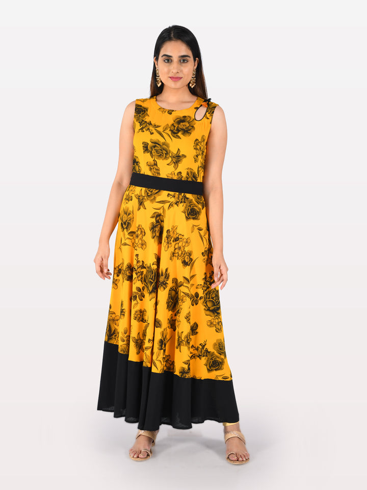 Neerus Yellow Printed Fit & Flare Kurta