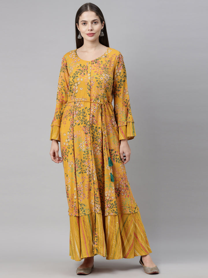 Neerus Yellow Printed A Line Kurta