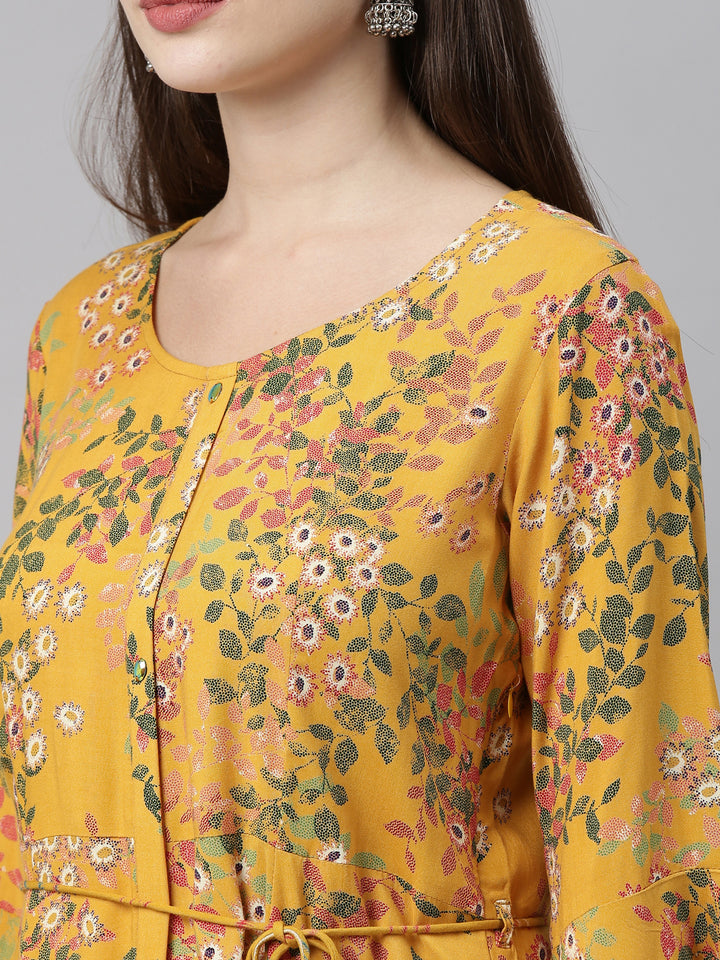 Neerus Yellow Printed A Line Kurta