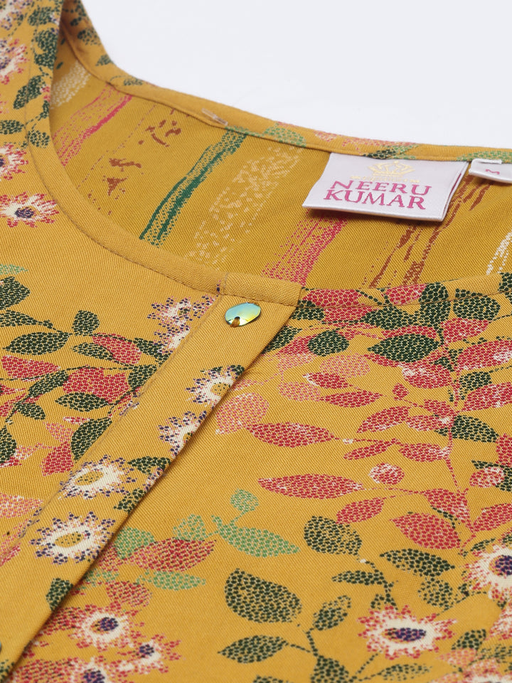 Neerus Yellow Printed A Line Kurta