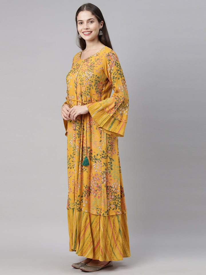 Neerus Yellow Printed A Line Kurta