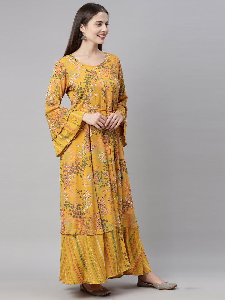 Neerus Yellow Printed A Line Kurta