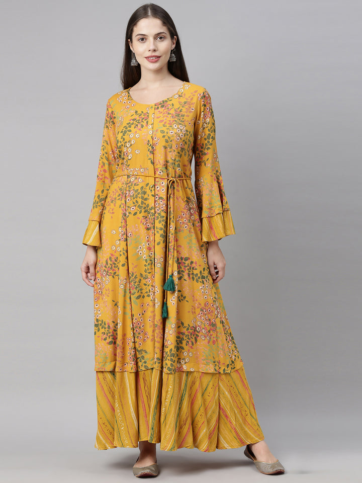 Neerus Yellow Printed A Line Kurta