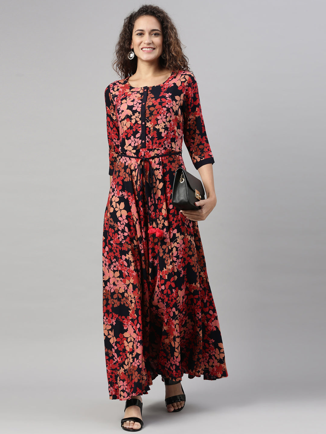 Neerus Orange rayon printed A-Line kurta - detail view 1
