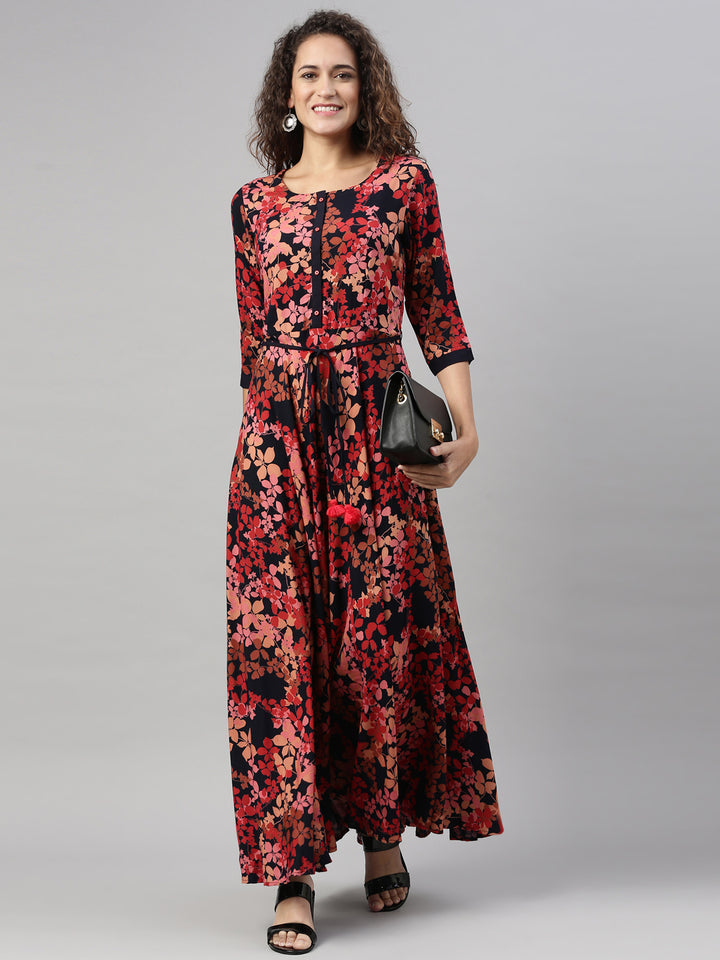 Neerus Orange rayon printed A-Line kurta - detail view 1